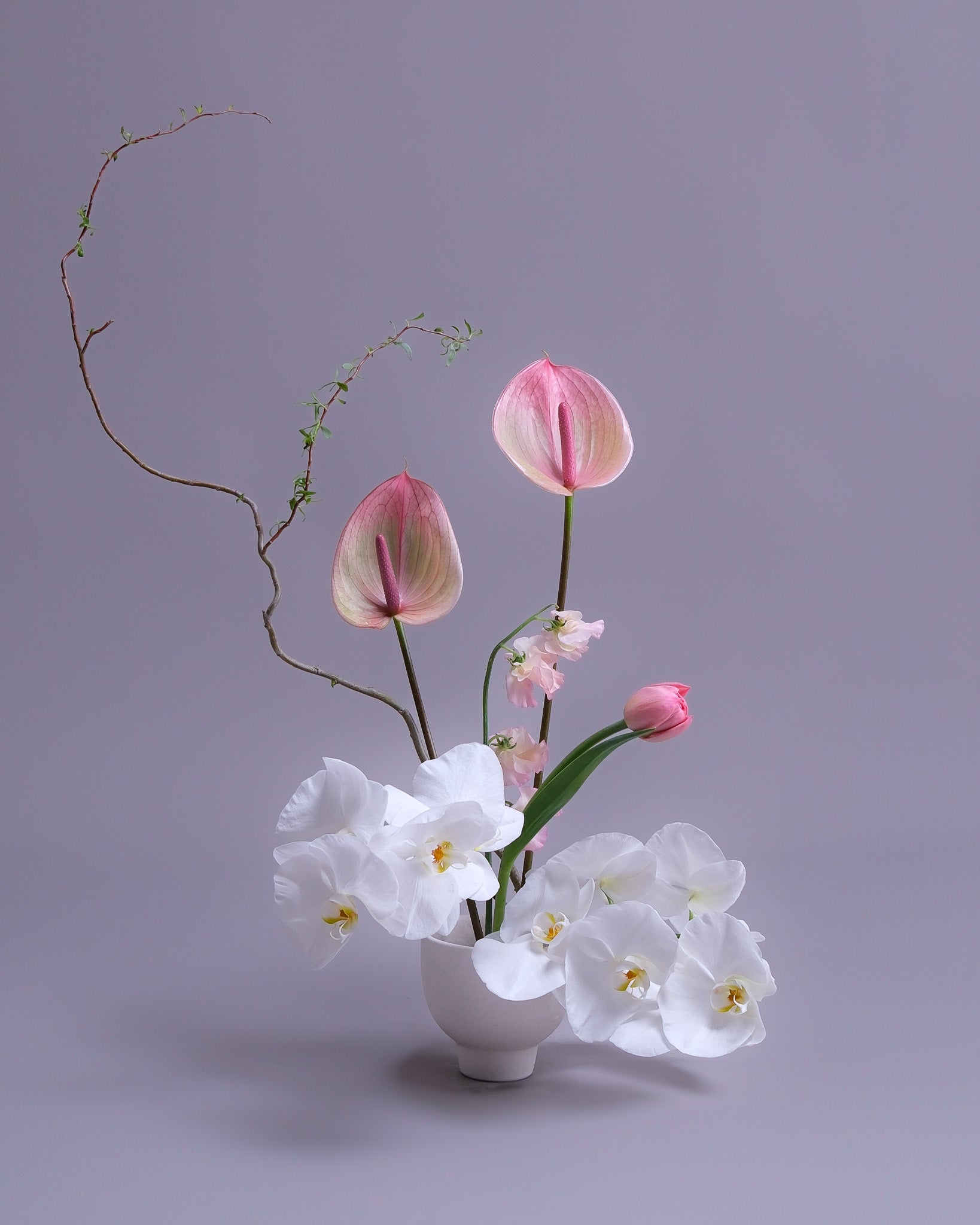 Aurore Centerpiece — Pink Anthurium & Orchid Table Arrangement