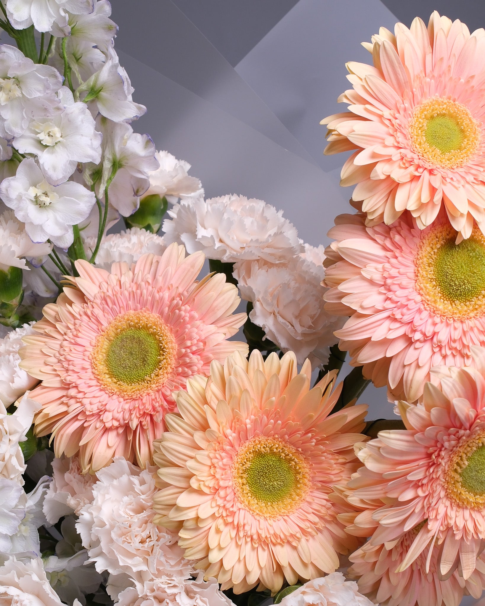 Close-up of delicate blush carnations, peach gerbera daisies, and airy white delphinium, highlighting the bouquet’s gentle color palette and texture.