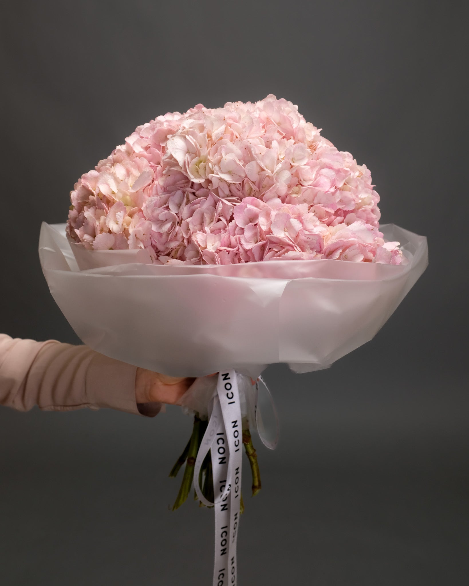 Elegant bouquet of pink hydrangeas held in hand – lush and full seasonal flower arrangement