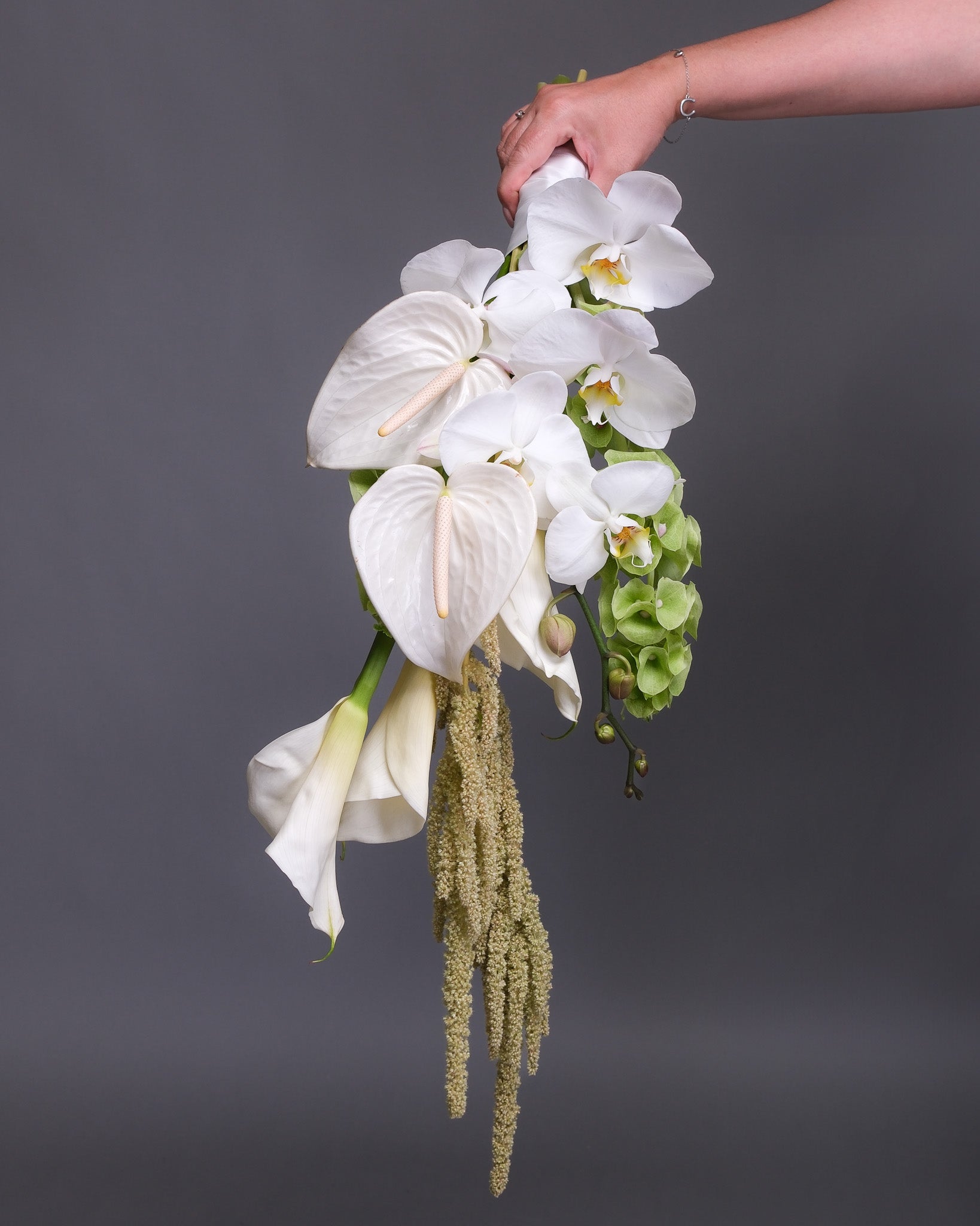 anthurium boutonniere Cascading Bridal Bouquet | Elegant Wedding Flowers SF