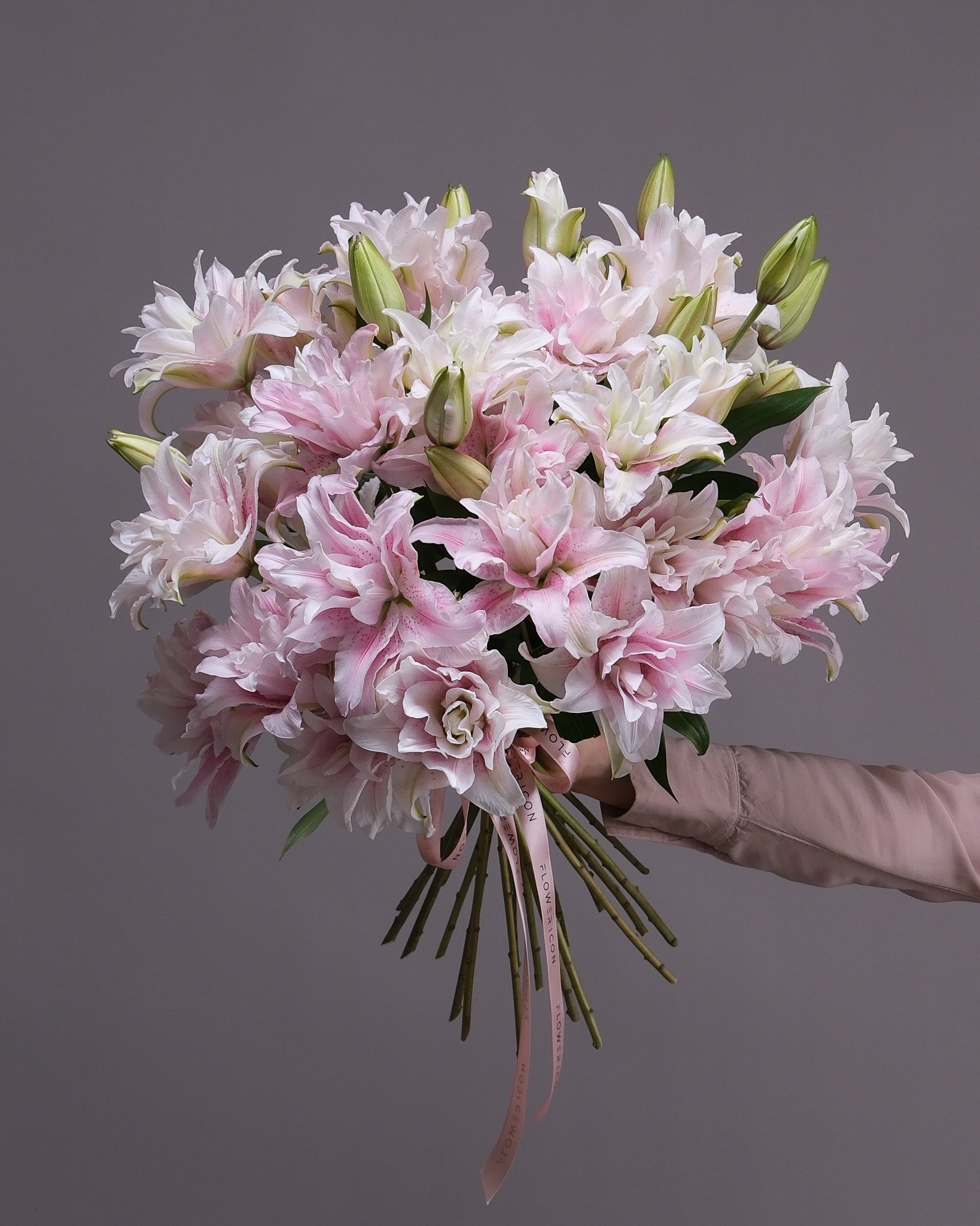 Double Oriental Lily iconic size bouquet — layered pink blooms by Flower Icon San Francisco