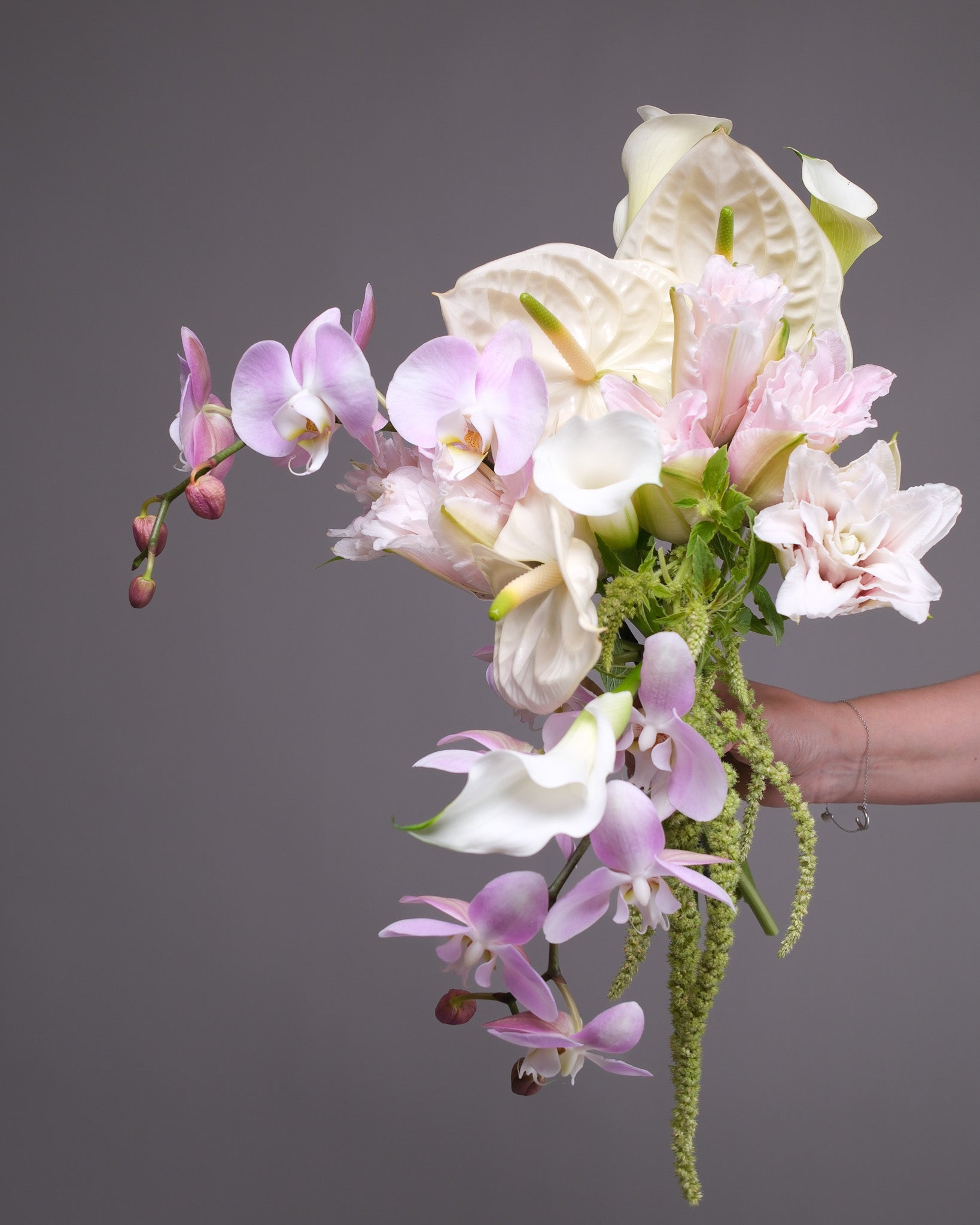 Pink Orchid Cascade Bridal Bouquet — exotic cascading wedding flowers with phalaenopsis orchids and anthuriums by Flower Icon San Francisco