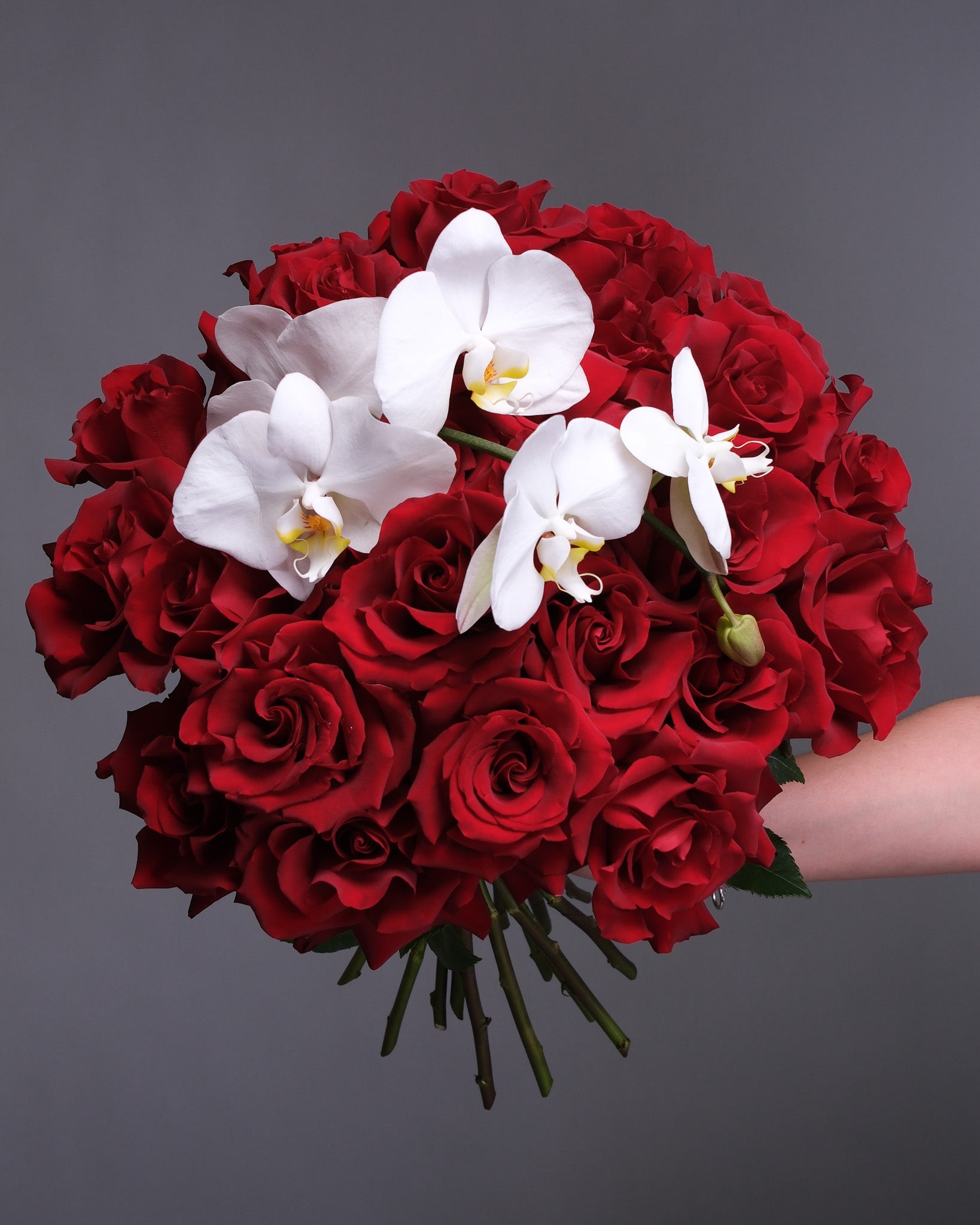 Red Roses and Orchid: Velvet Orchid Bouquet