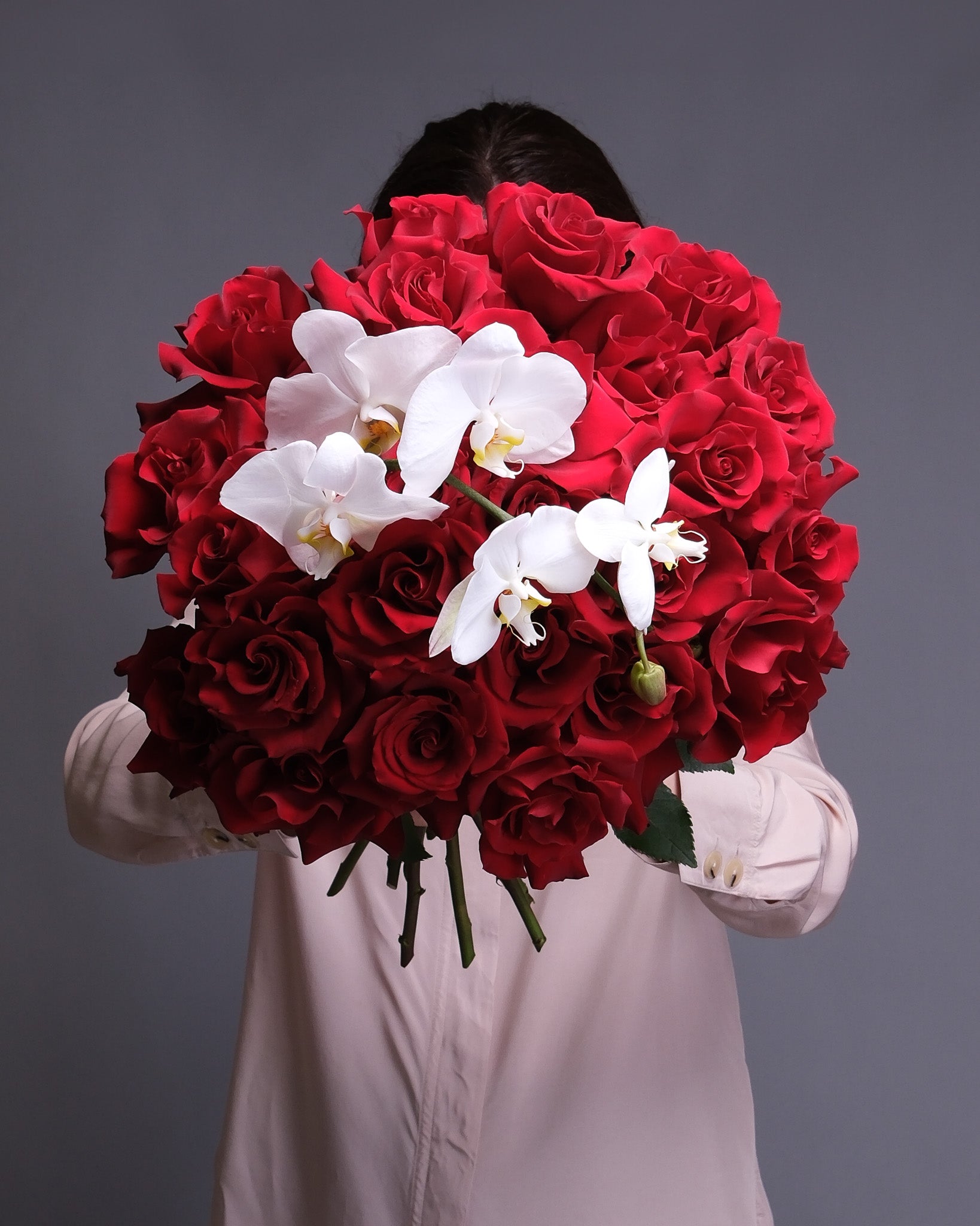 Red Roses and Orchid: Velvet Orchid Bouquet