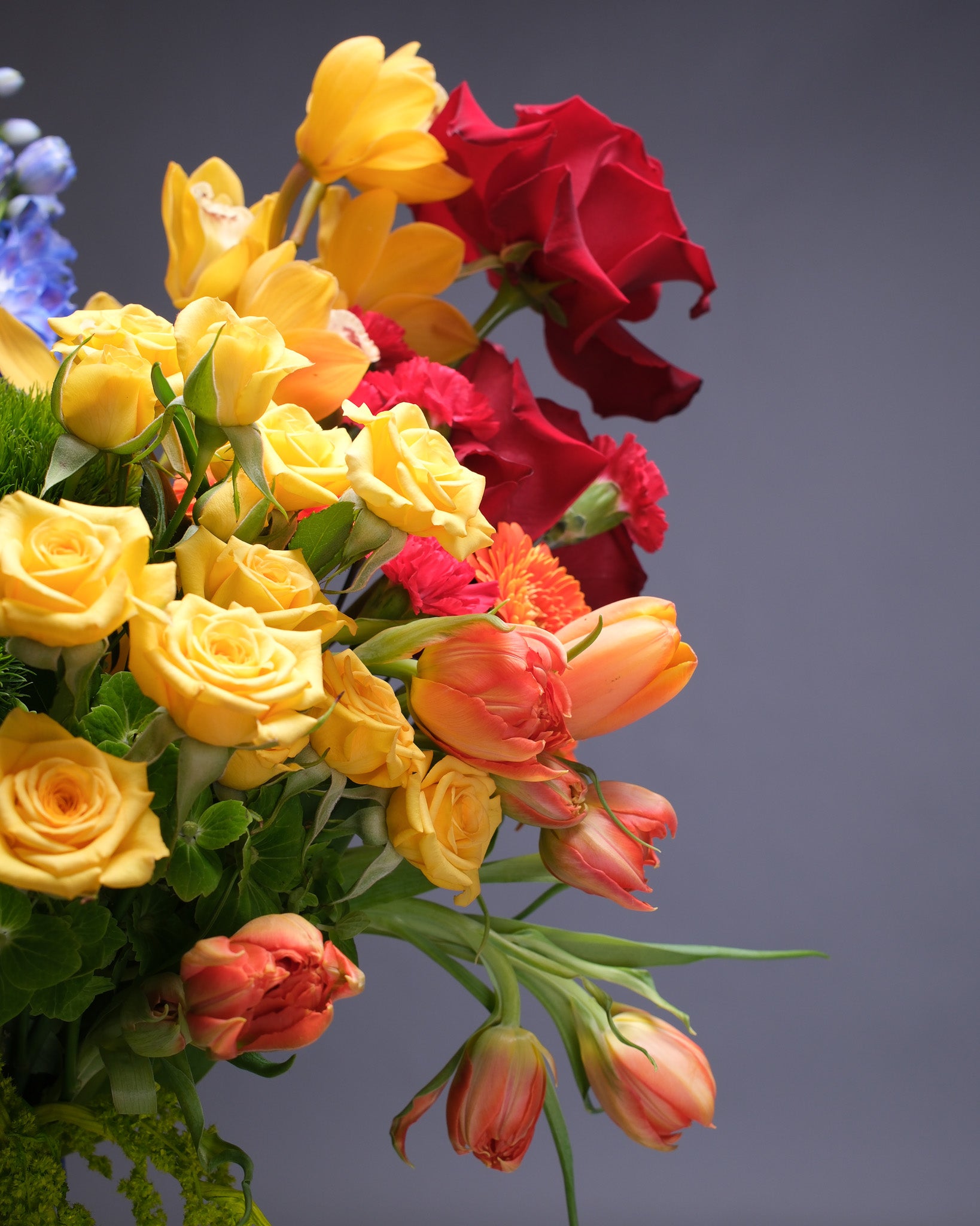 Side view of the lush and oversized Pride floral arrangement showcasing its full rainbow of flowers and textures.