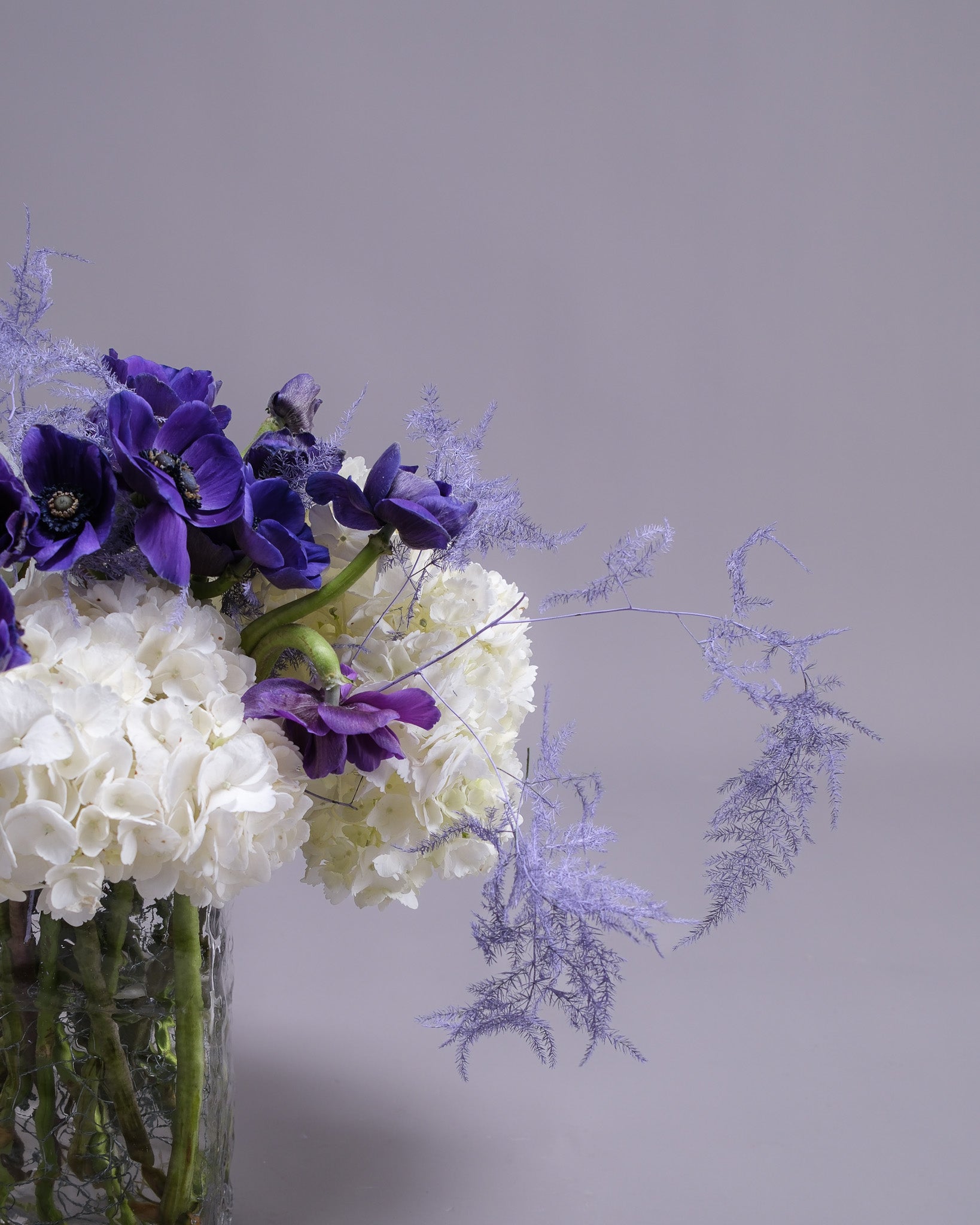 Indigo Hour — Blue Anemone & White Hydrangea Vase Arrangement