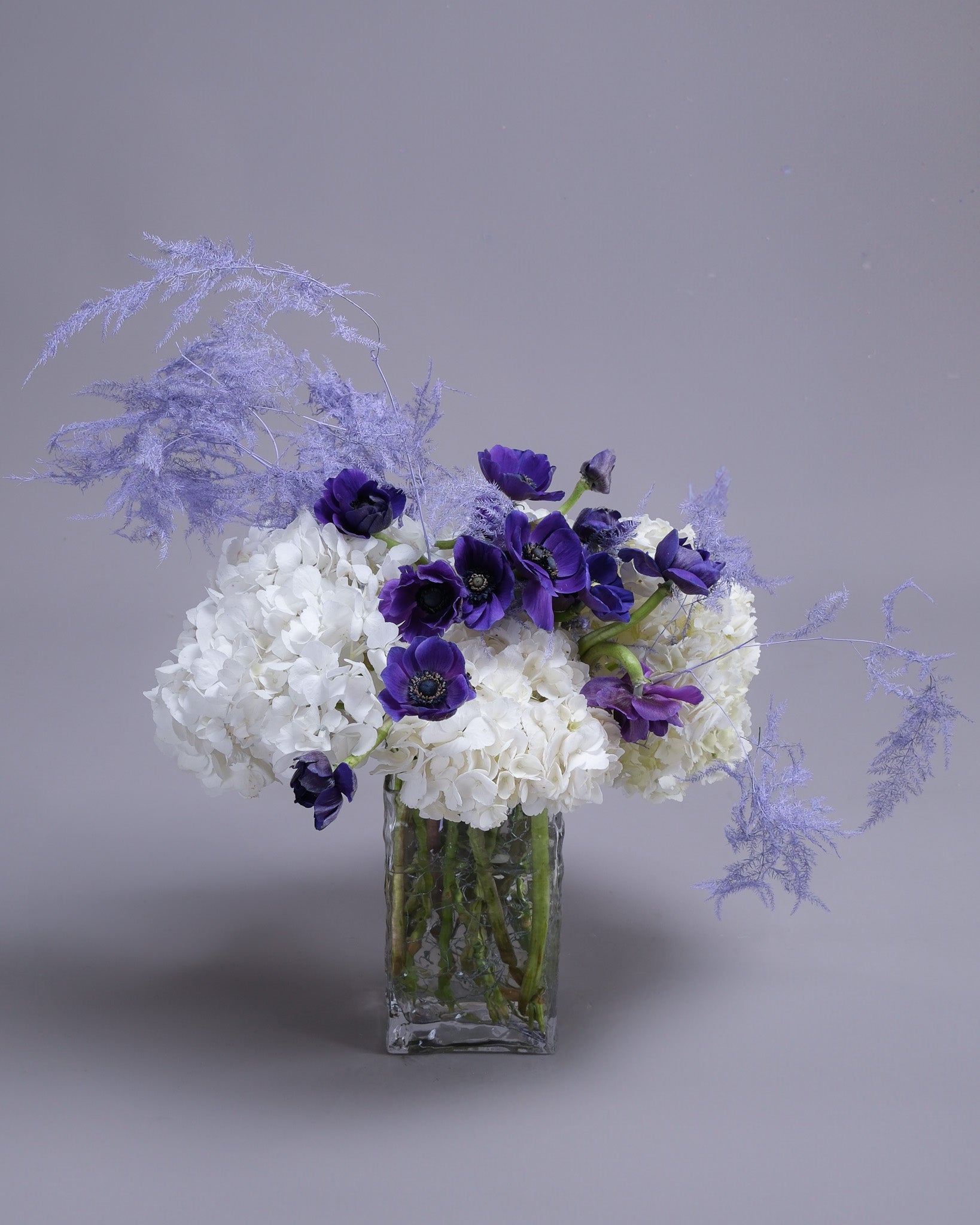 Indigo Hour — Blue Anemone & White Hydrangea Vase Arrangement