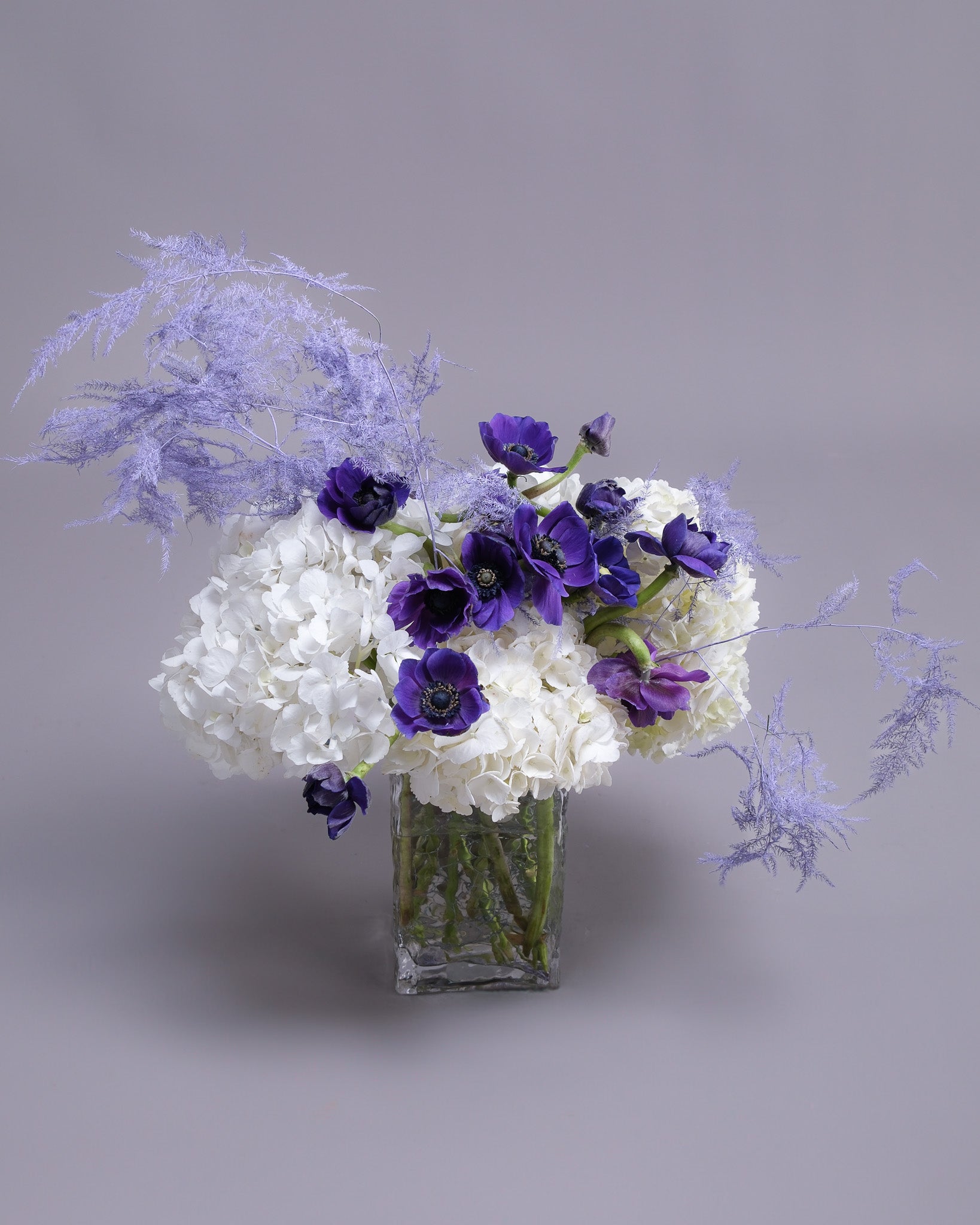 Indigo Hour — Blue Anemone & White Hydrangea Vase Arrangement