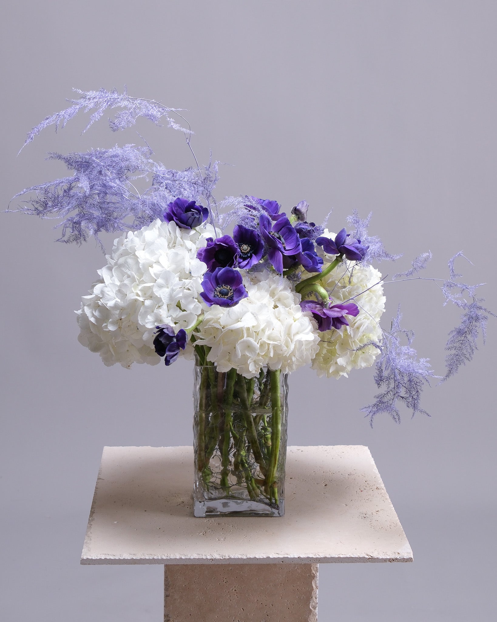 Indigo Hour — Blue Anemone & White Hydrangea Vase Arrangement
