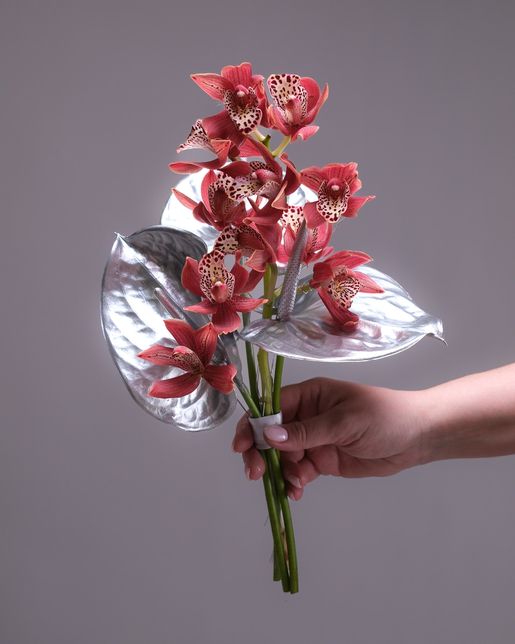 Coral Cymbidium Orchid & Silver Anthurium Bridal Bouquet & Boutonniere