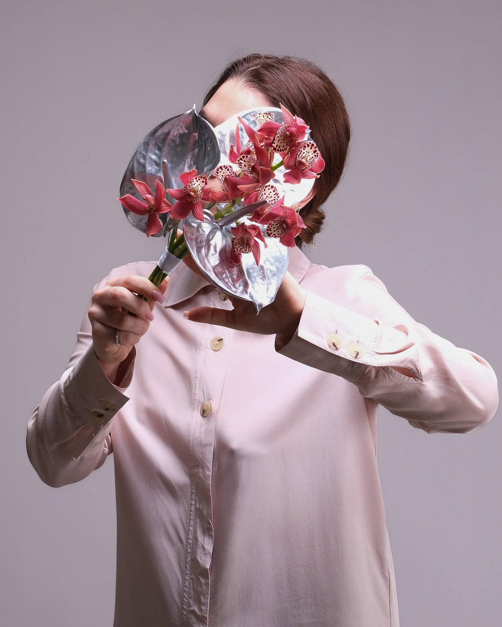 Coral Cymbidium Orchid & Silver Anthurium Bridal Bouquet & Boutonniere