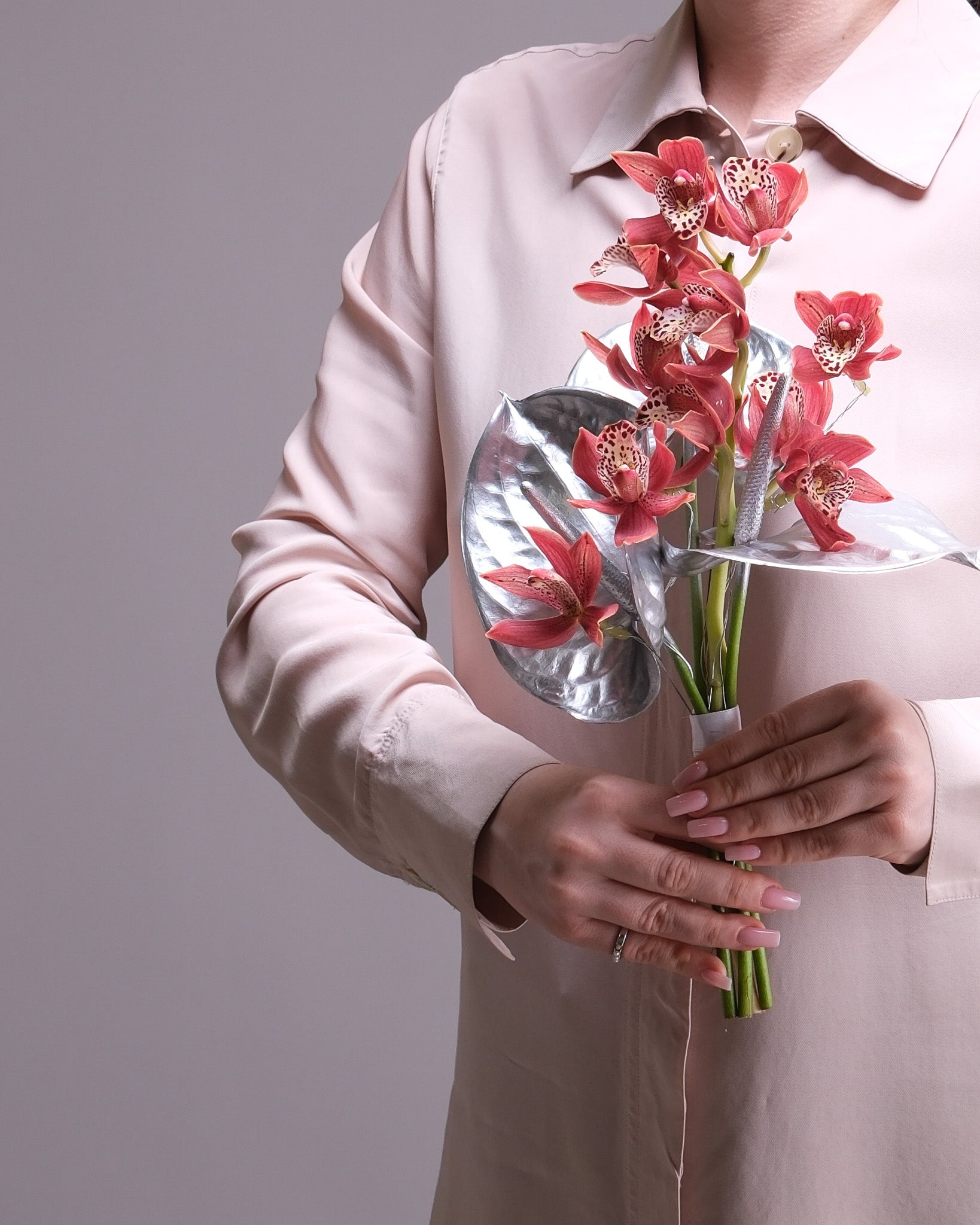Coral Cymbidium Orchid & Silver Anthurium Bridal Bouquet & Boutonniere