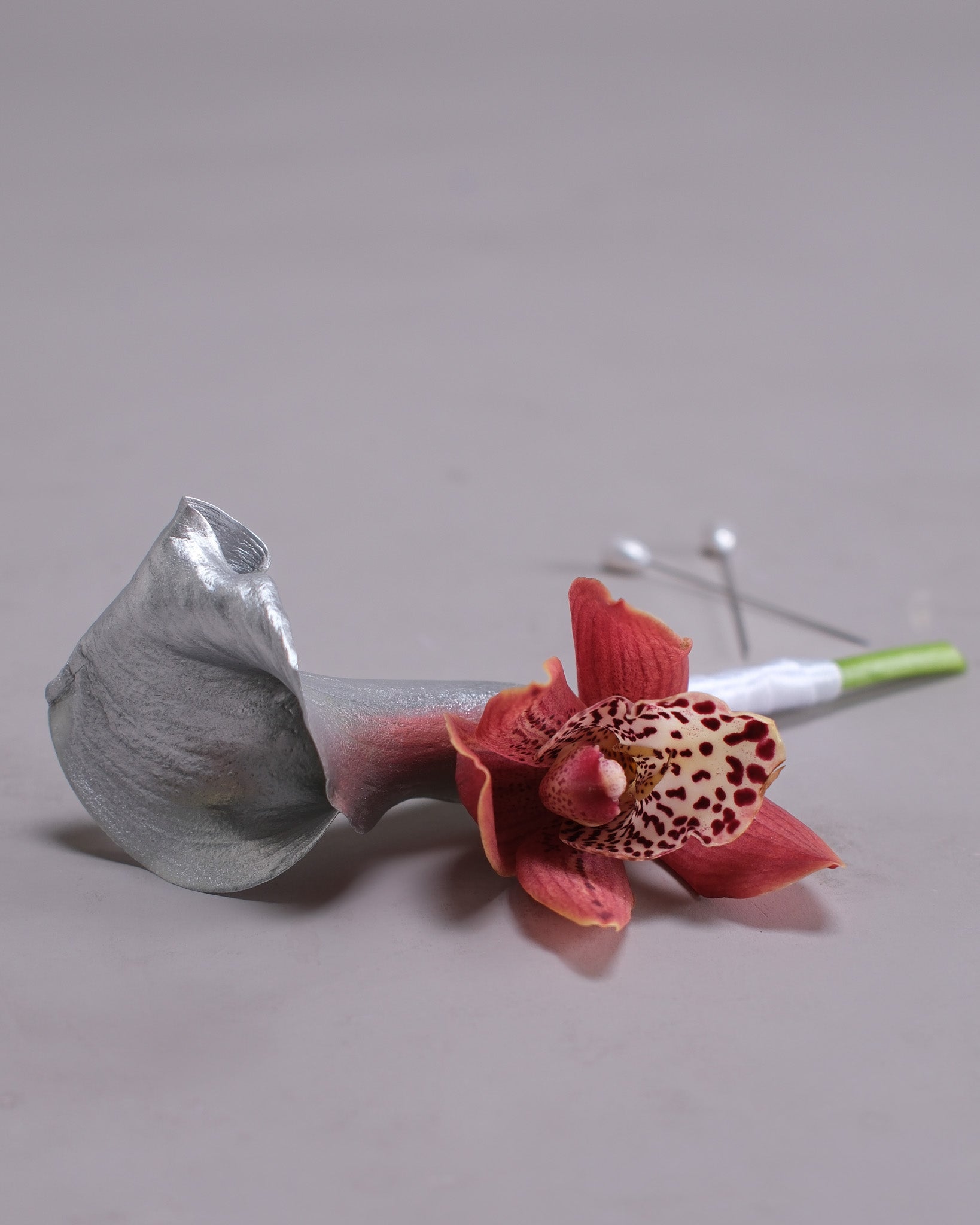 Coral Cymbidium Orchid & Silver Anthurium Bridal Bouquet & Boutonniere