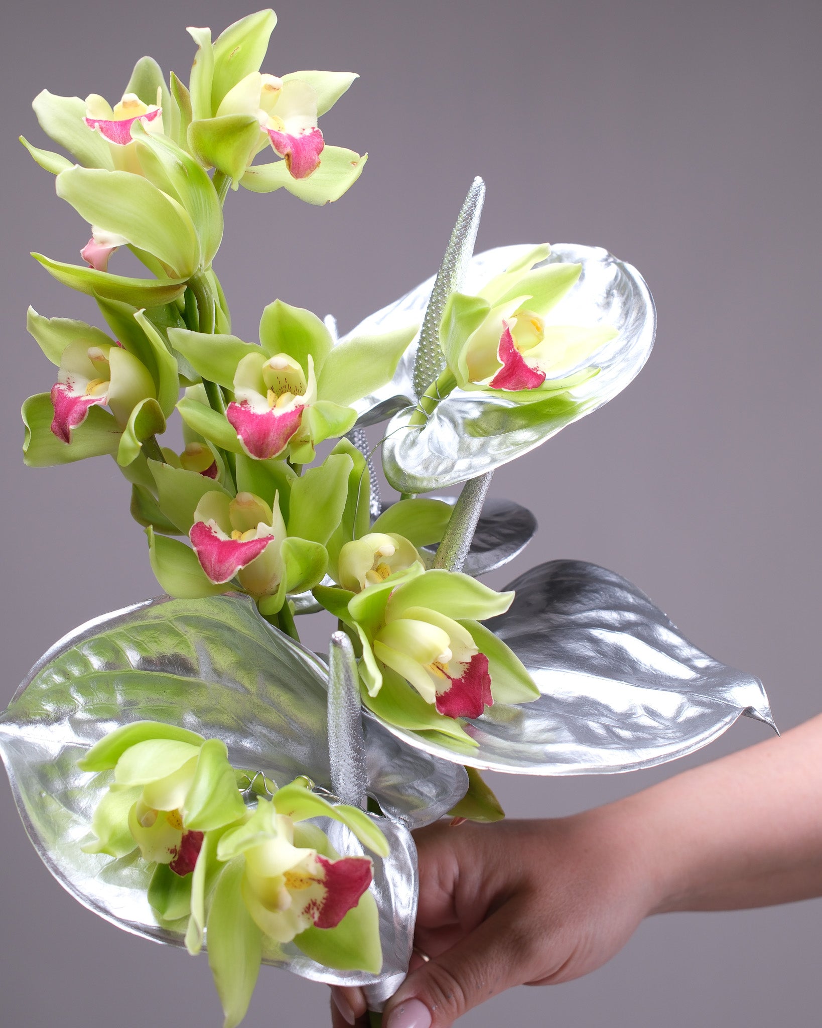 Green Cymbidium Orchid & Silver Anthurium Bridal Bouquet & Boutonniere