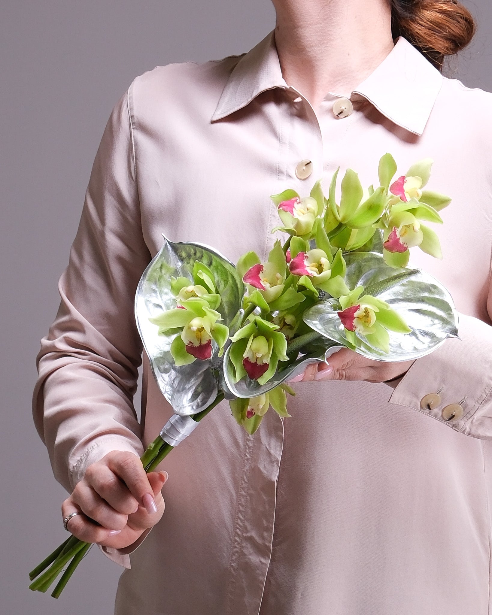 Green Cymbidium Orchid & Silver Anthurium Bridal Bouquet & Boutonniere