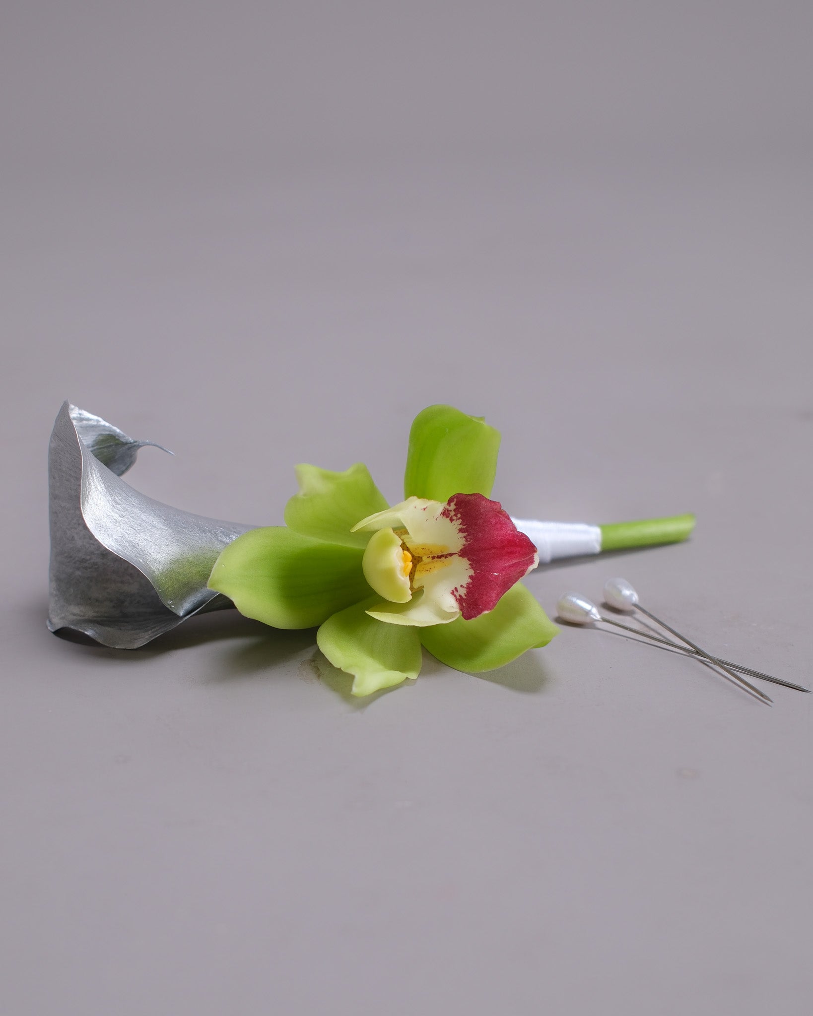 Green Cymbidium Orchid & Silver Anthurium Bridal Bouquet & Boutonniere