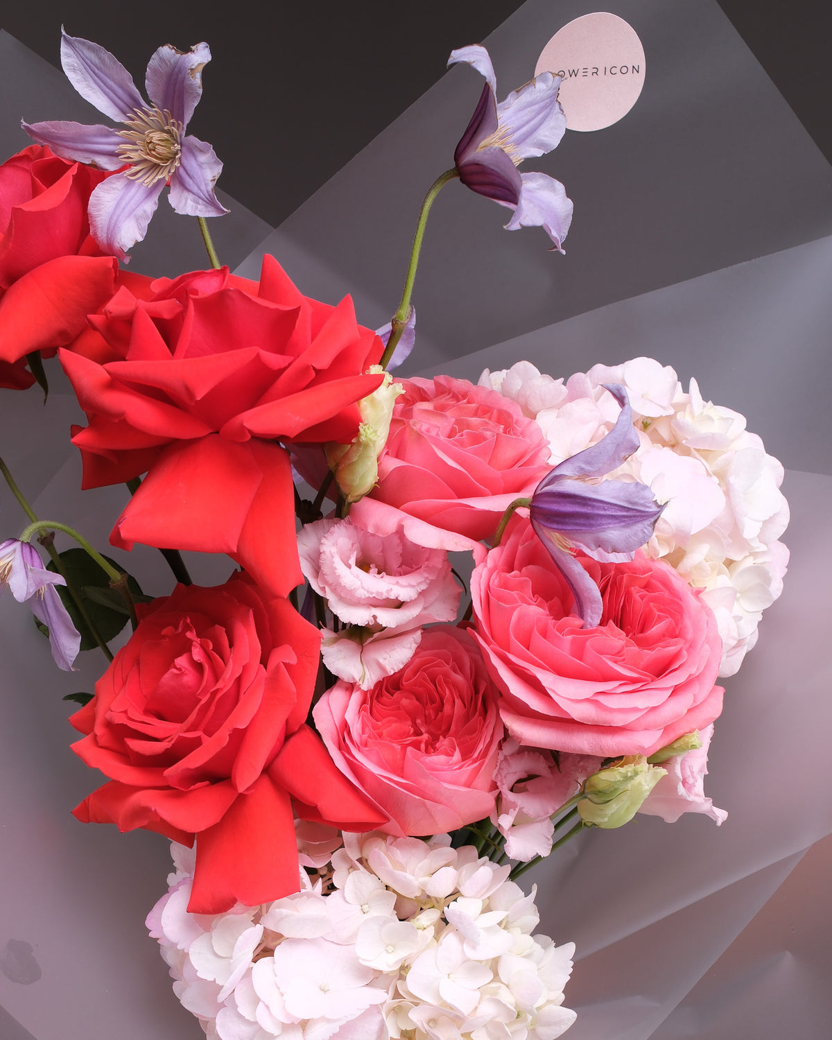 Juliette — Red Rose, Pink Garden Rose & Clematis Bouquet