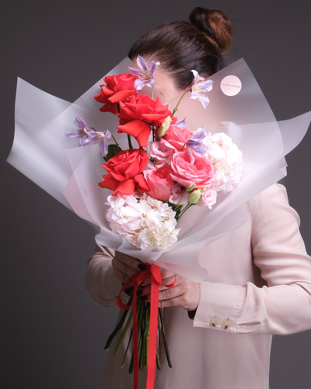 Juliette — Red Rose, Pink Garden Rose & Clematis Bouquet