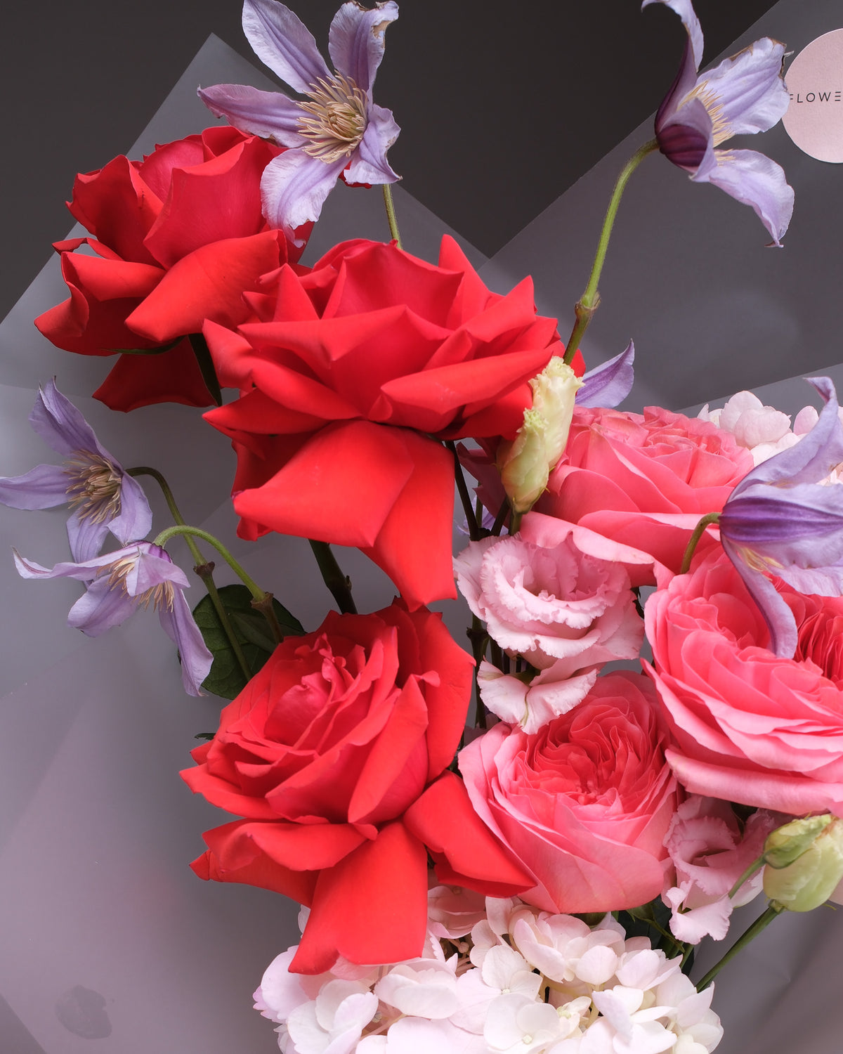 Juliette — Red Rose, Pink Garden Rose & Clematis Bouquet