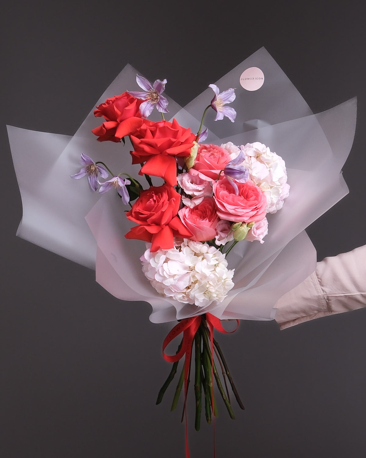 Juliette — Red Rose, Pink Garden Rose & Clematis Bouquet