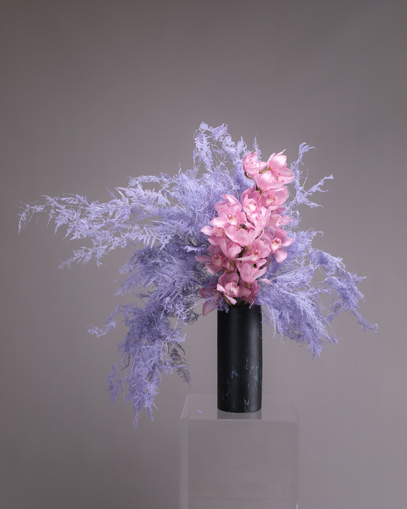Pink Cymbidium Orchid & Lavender Fern Vase Arrangement