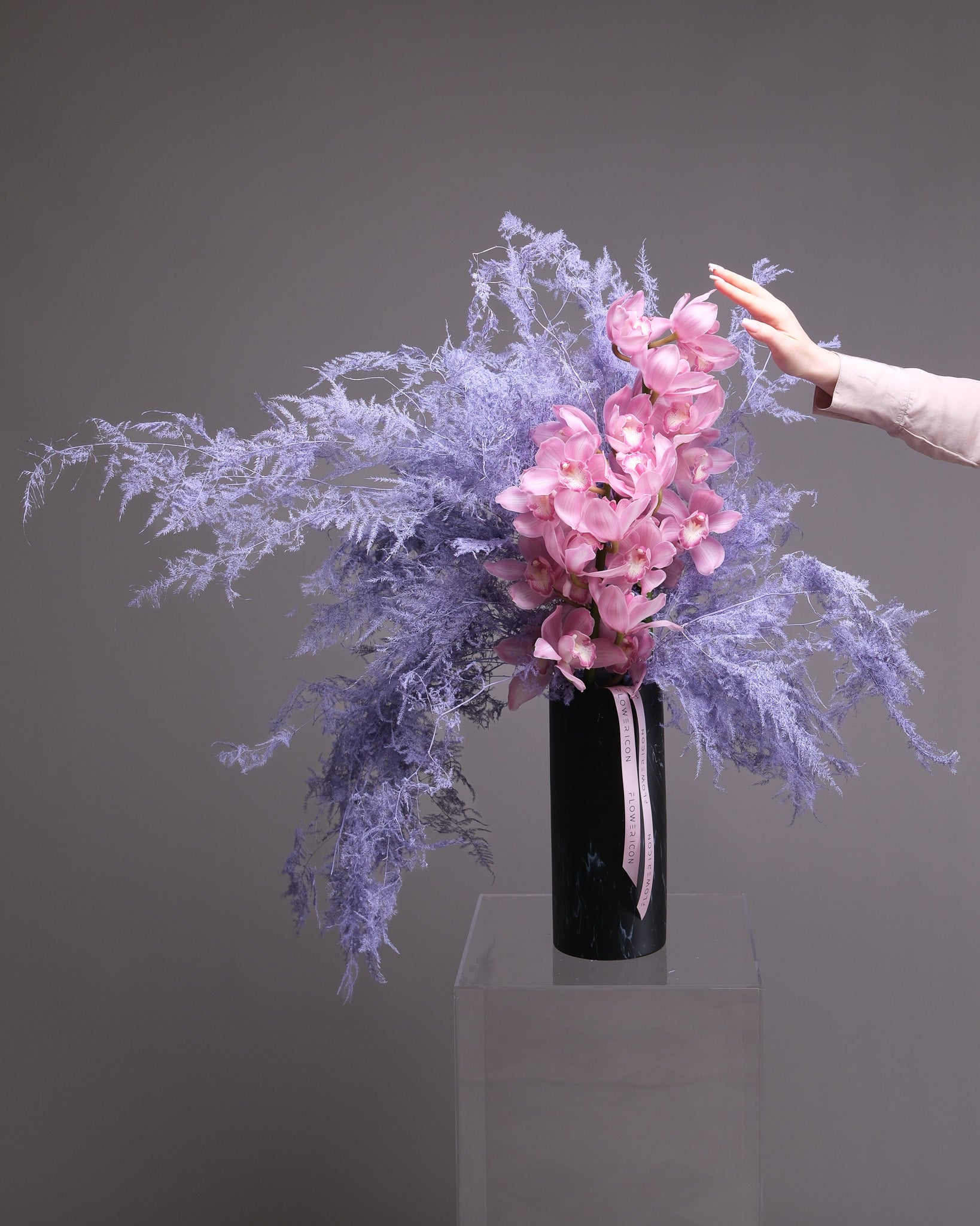 Pink Cymbidium Orchid & Lavender Fern Vase Arrangement