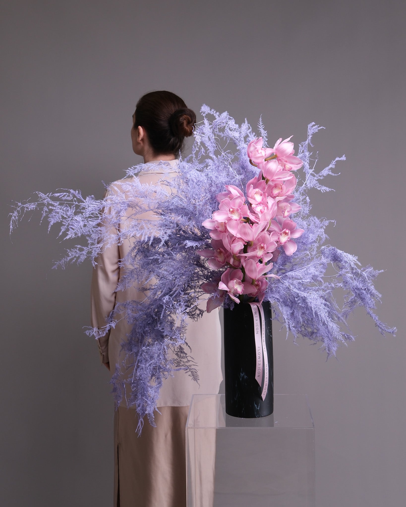 Pink Cymbidium Orchid & Lavender Fern Vase Arrangement
