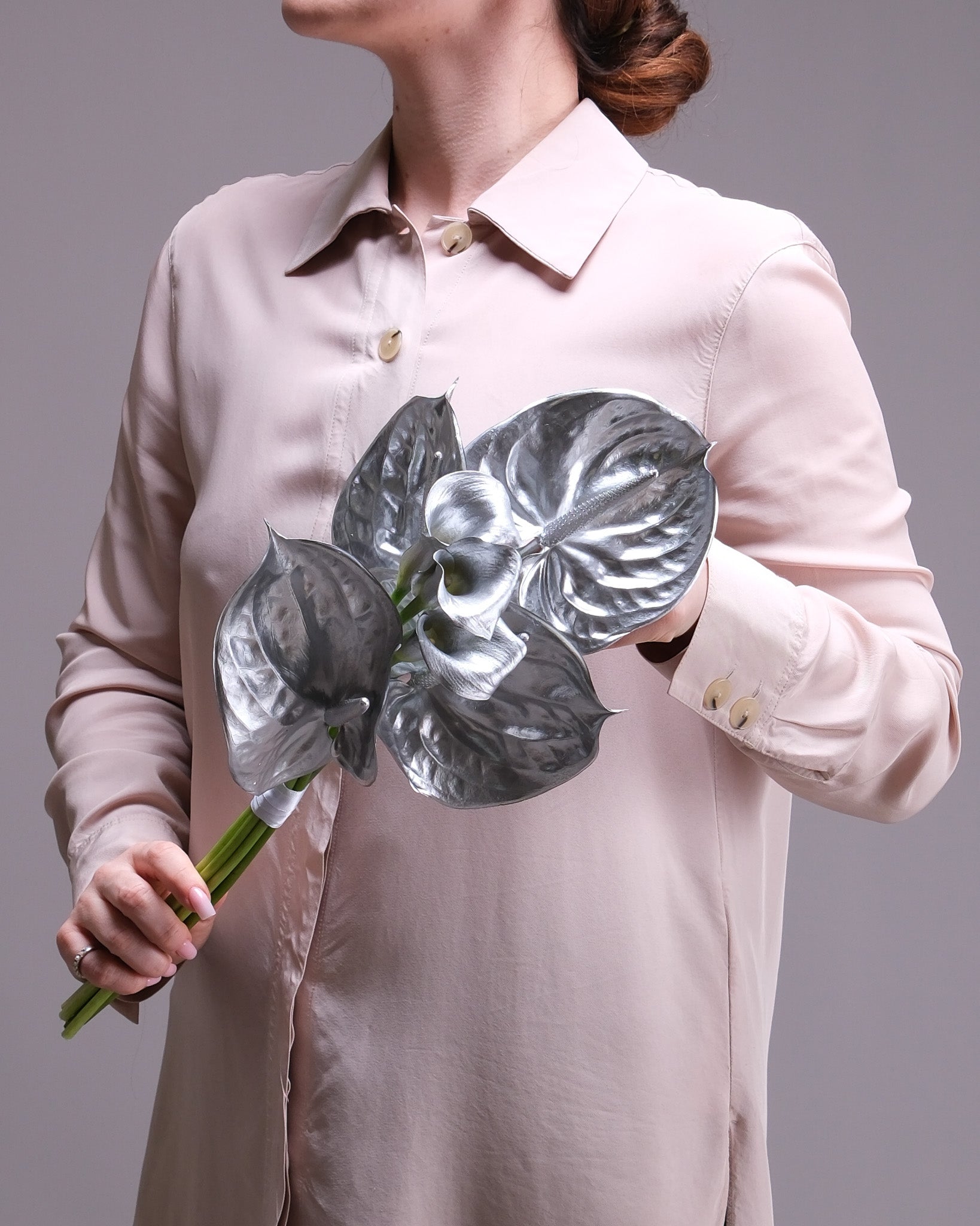 Silver Calla Lily & Anthurium Bridal Bouquet & Boutonniere