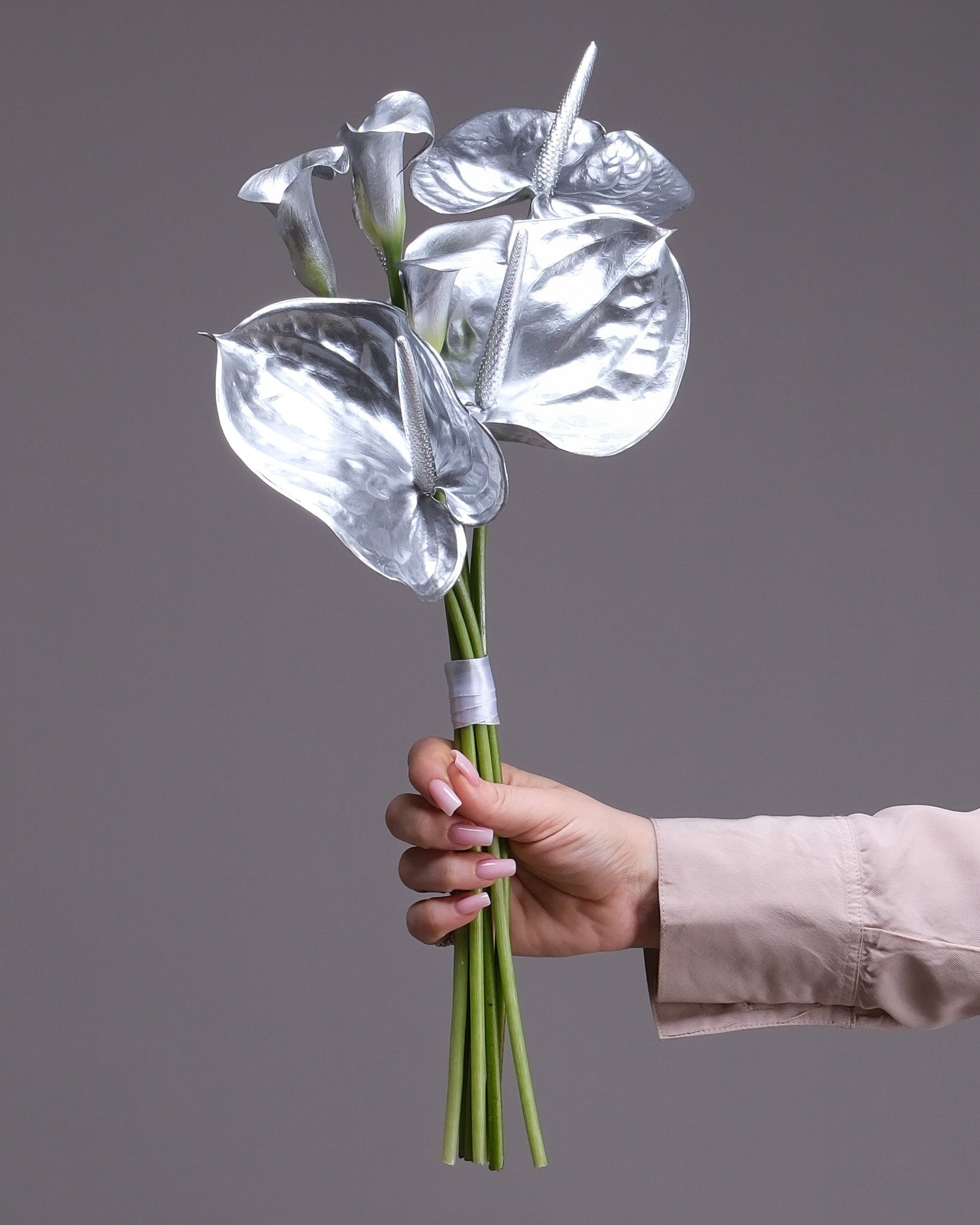 Silver Calla Lily & Anthurium Bridal Bouquet & Boutonniere